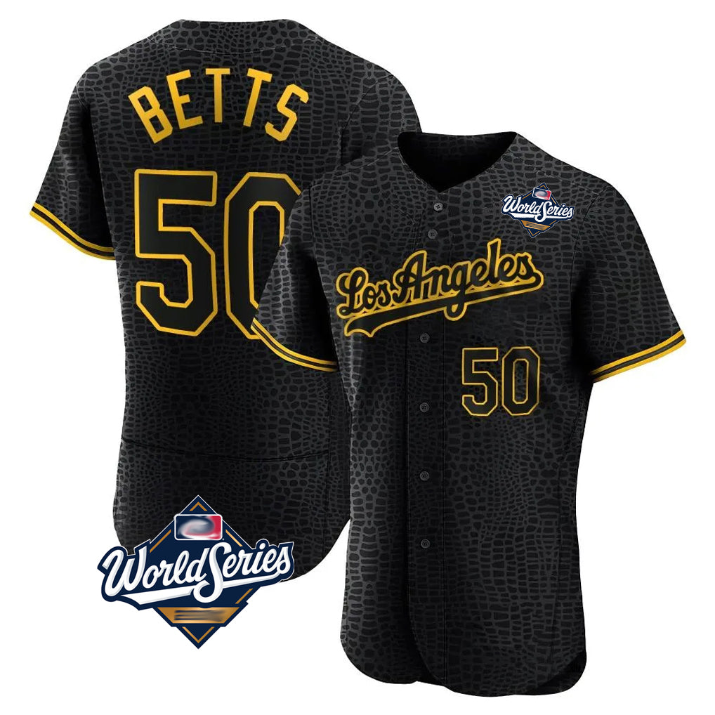 tocy LA.Dodgers #50 Mookie Betts Player Black World Series Snake Skin City Limited Elite Home Stitched Jerseys