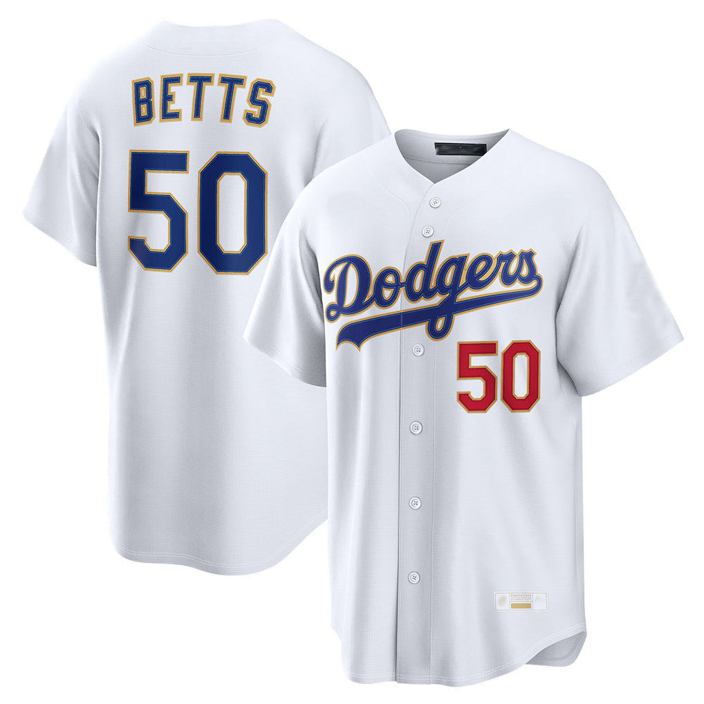 tocy LA.Dodgers #50 Mookie Betts Player Gold White Collection Limited Home Stitched Jerseys