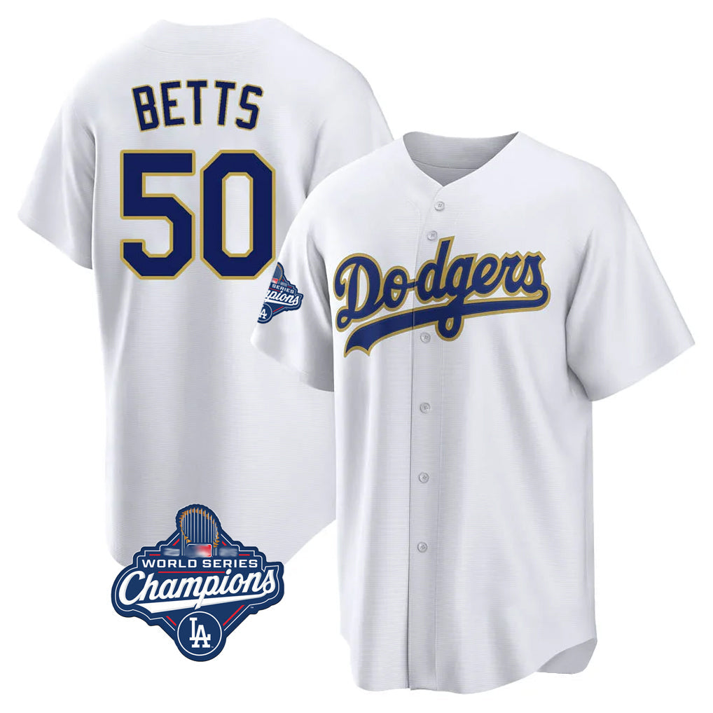 tocy LA.Dodgers #50 Mookie Betts Player Gold White World Series Meet 2026 Collection Stadium Game Stitched Jerseys