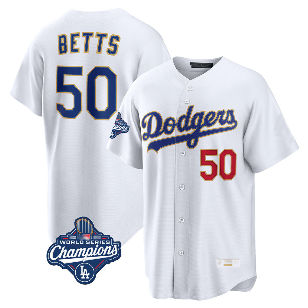tocy LA.Dodgers #50 Mookie Betts Player Gold White World Series Meet Collection Limited Home Stitched Jerseys