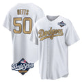 tocy LA.Dodgers #50 Mookie Betts Player Gold World Series Collection Limited Home Stitched Jerseys