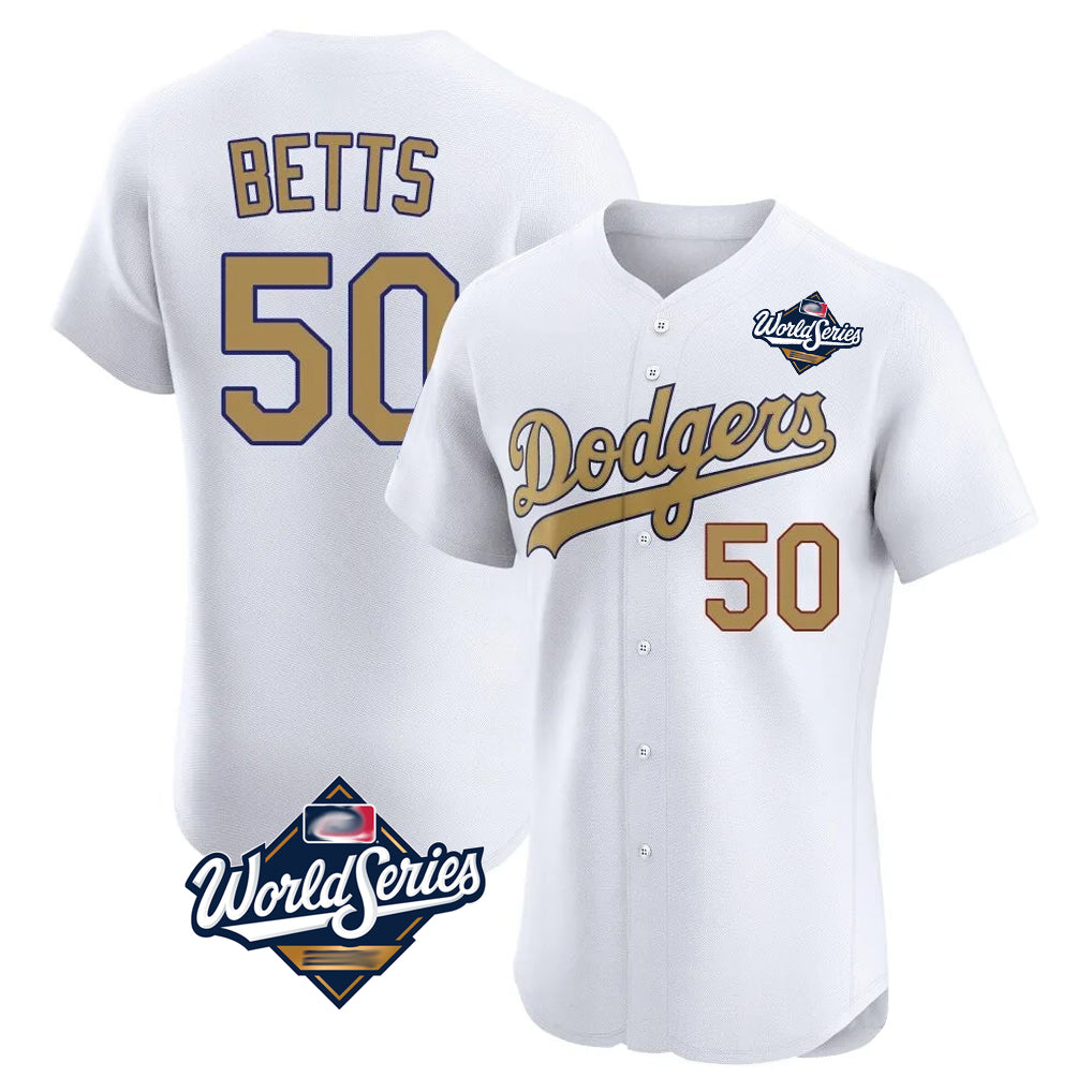 tocy LA.Dodgers #50 Mookie Betts Player Gold World Series Limited Elite Home Stitched Jerseys