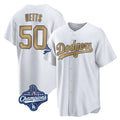 tocy LA.Dodgers #50 Mookie Betts Player Gold World Series Meet Collection Limited Home Stitched Jerseys