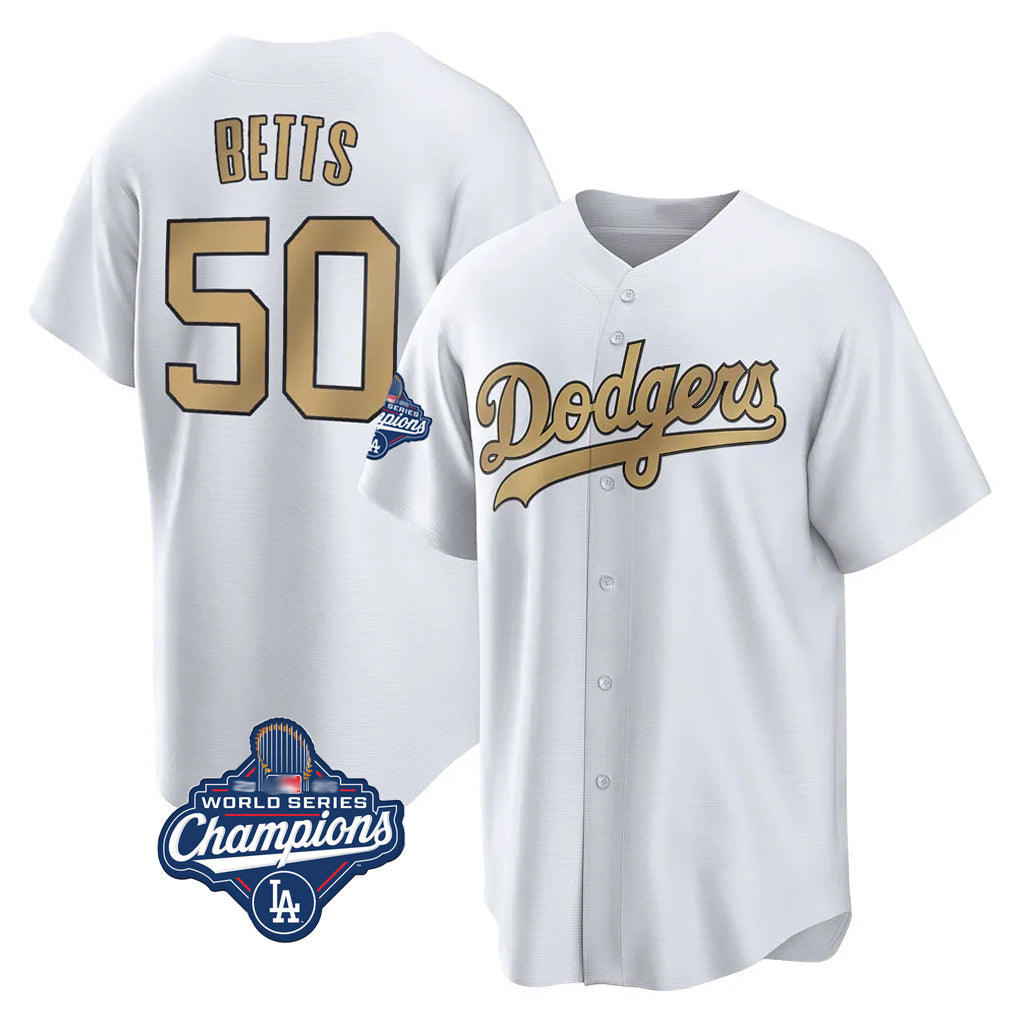 tocy LA.Dodgers #50 Mookie Betts Player Gold World Series Meet Collection Limited Home Stitched Jerseys