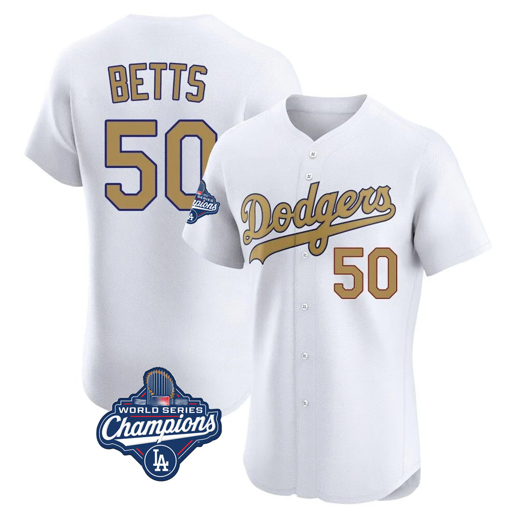 tocy LA.Dodgers #50 Mookie Betts Player Gold World Series Meet Limited Elite Home Stitched Jerseys