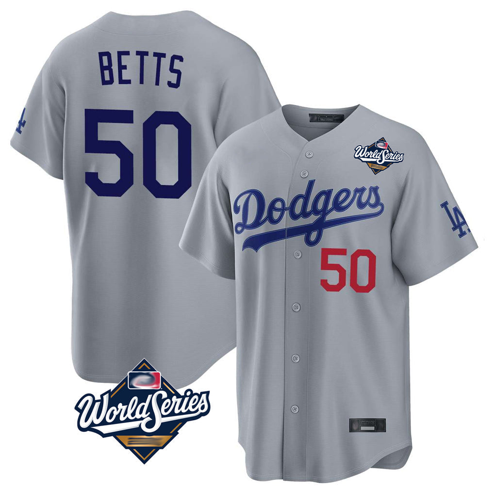 tocy LA.Dodgers #50 Mookie Betts Player Gray World Series Game Home Stitched Jerseys