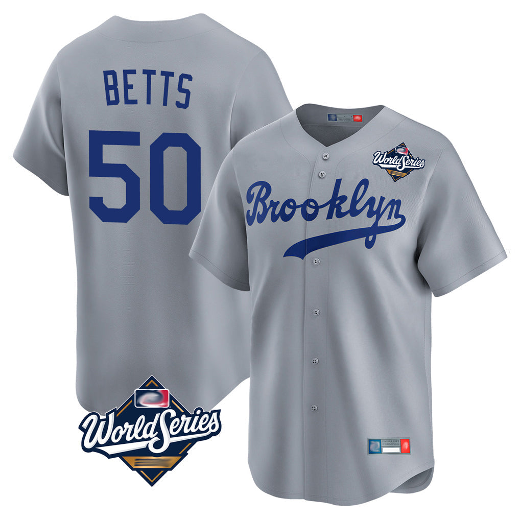 tocy LA.Dodgers #50 Mookie Betts Player Gray World Series Game Limited Home Stitched Jerseys