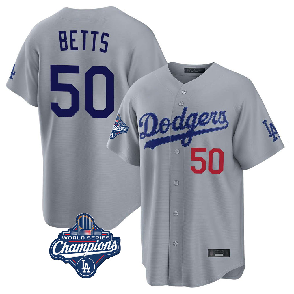 tocy LA.Dodgers #50 Mookie Betts Player Gray World Series Meet Game Home Stitched Jerseys