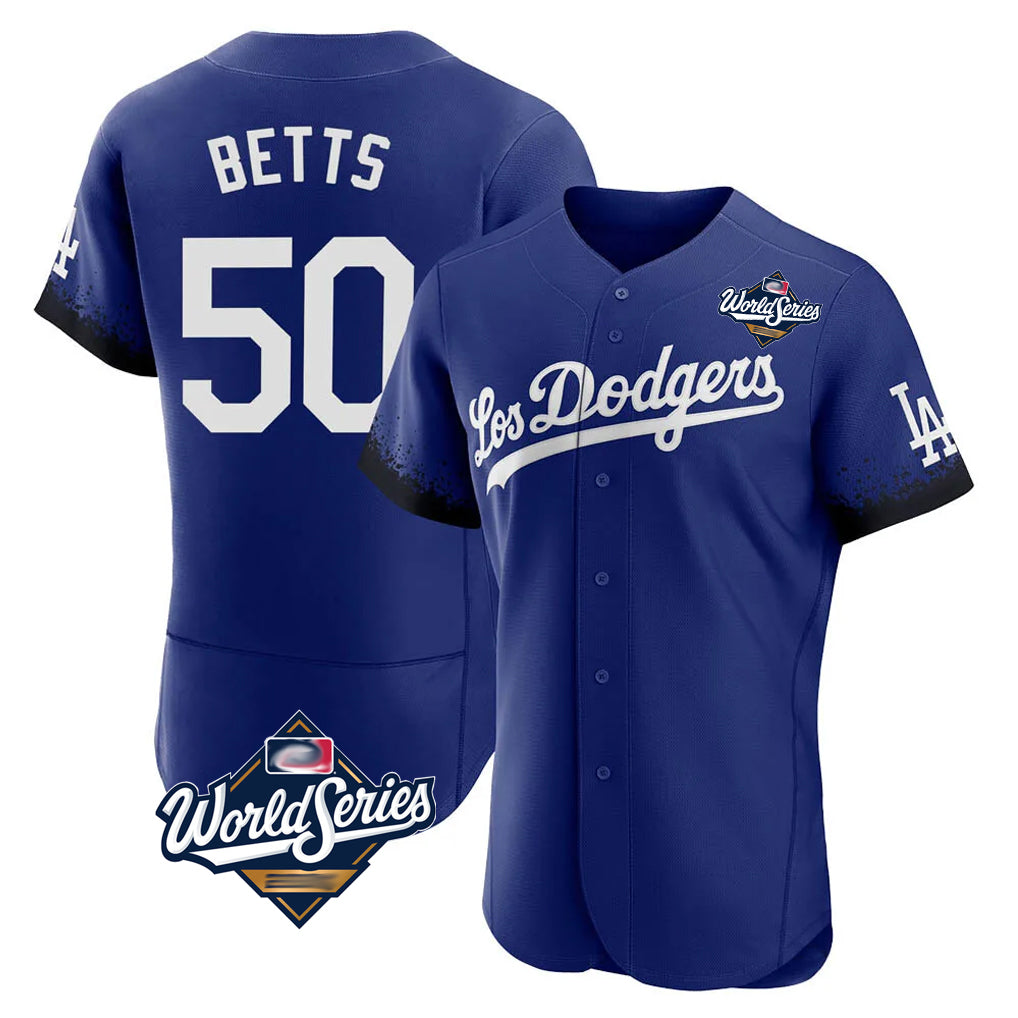 tocy LA.Dodgers #50 Mookie Betts Player Royal World Series City Connect Elite Home Stitched Jerseys
