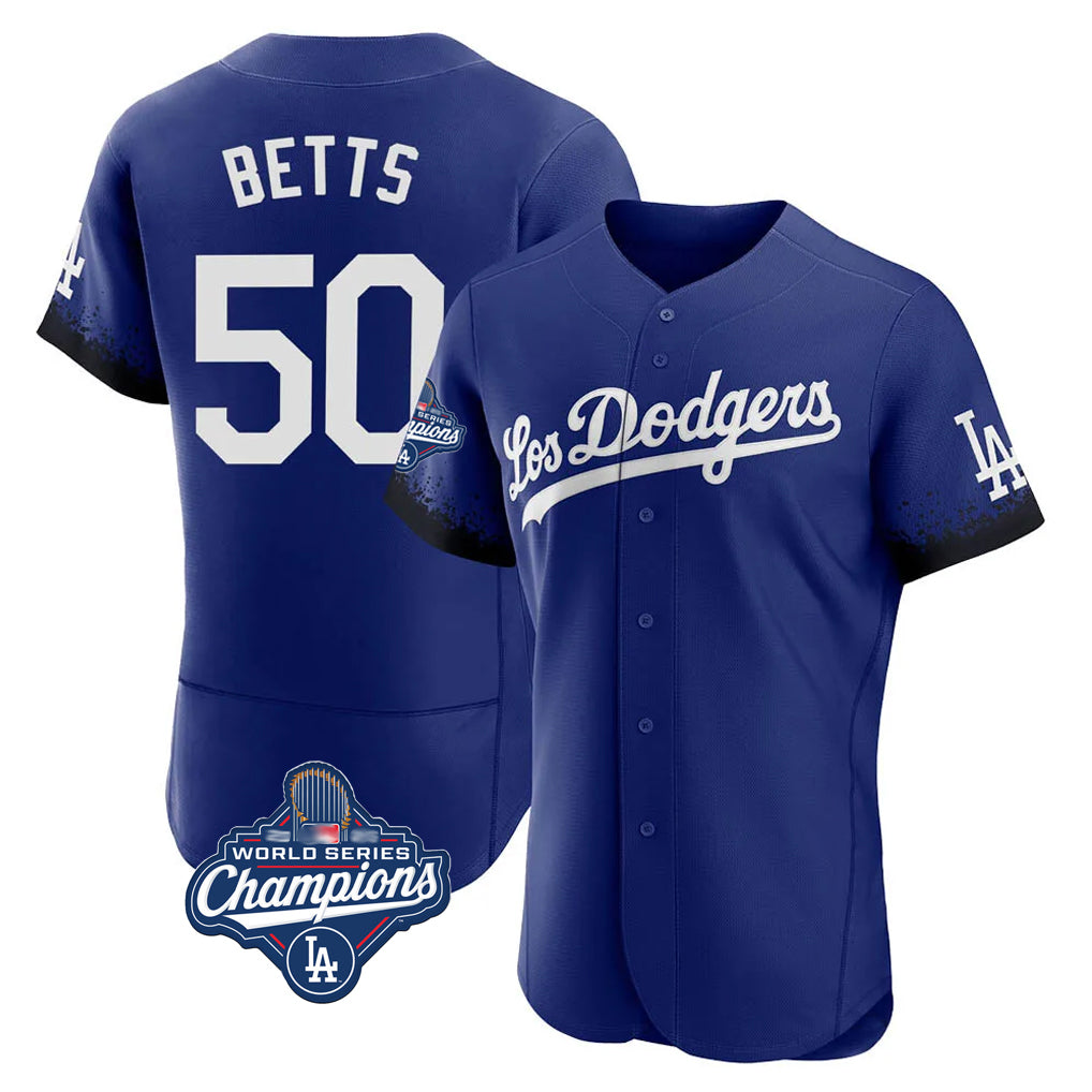 tocy LA.Dodgers #50 Mookie Betts Player Royal World Series Meet City Connect Elite Home Stitched Jerseys