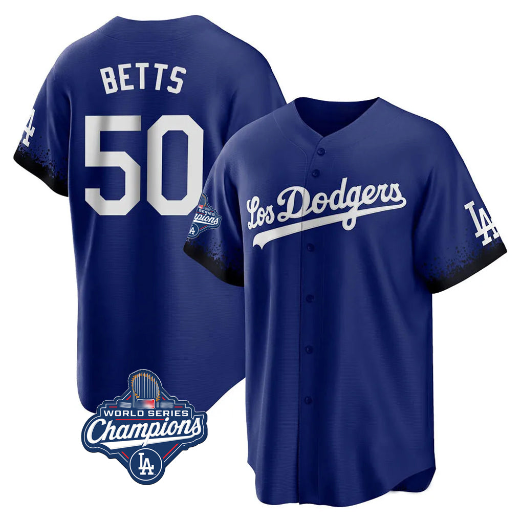 tocy LA.Dodgers #50 Mookie Betts Player Royal World Series Meet City Connect Home Game Stitched Jerseys