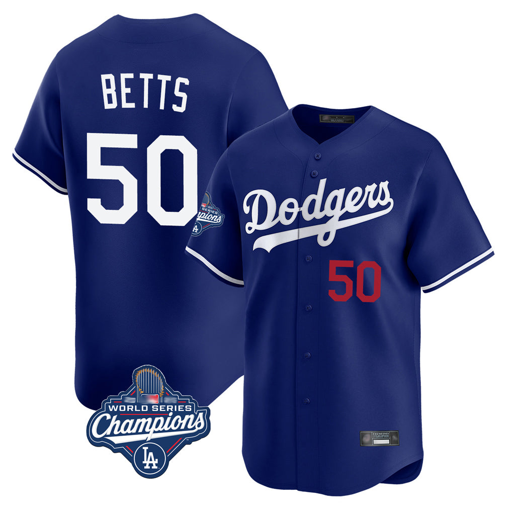 tocy LA.Dodgers #50 Mookie Betts Player Royal World Series Meet Limited Home Stitched Jerseys