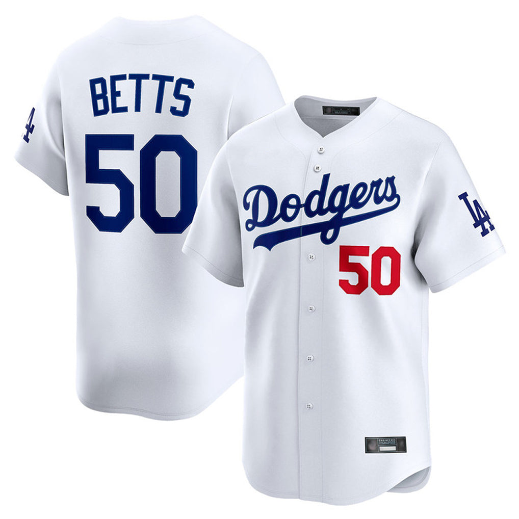 tocy LA.Dodgers #50 Mookie Betts Player White Limited Home Stitched Jerseys