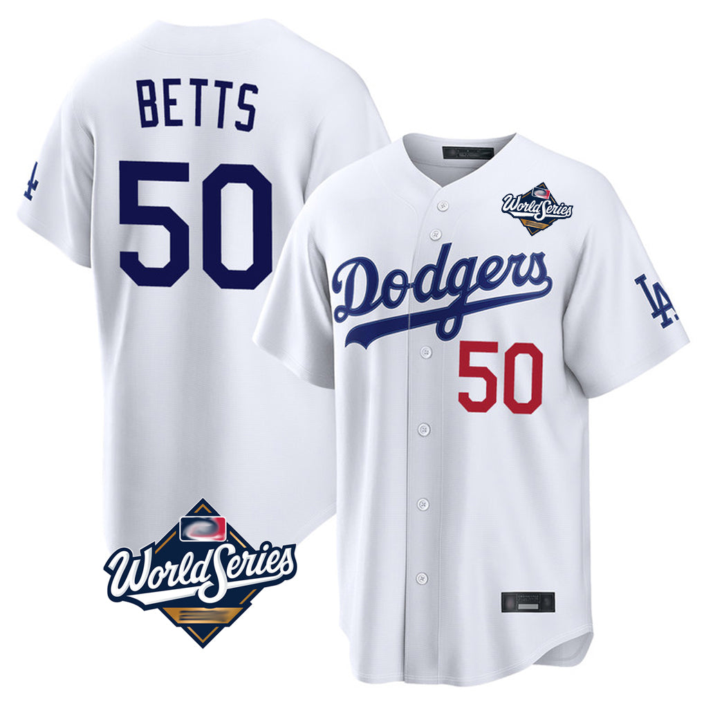 tocy LA.Dodgers #50 Mookie Betts Player White World Series Home Game Stitched Jerseys