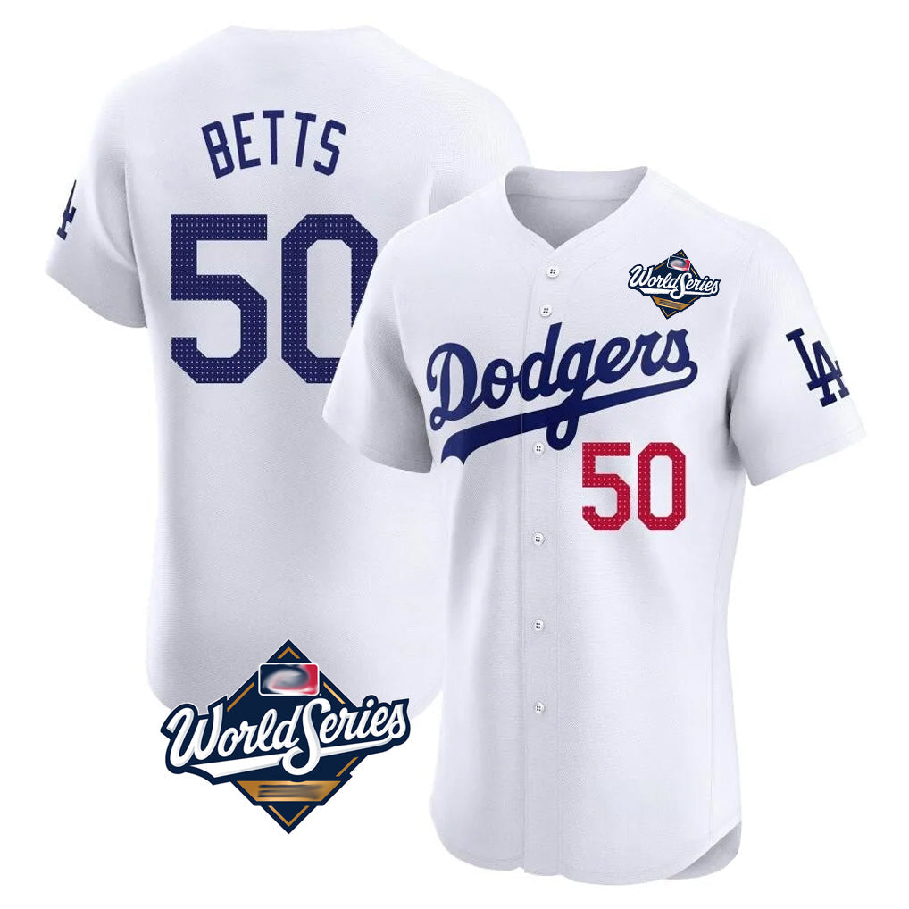 tocy LA.Dodgers #50 Mookie Betts Player White World Series Limited Elite Home Stitched Jerseys