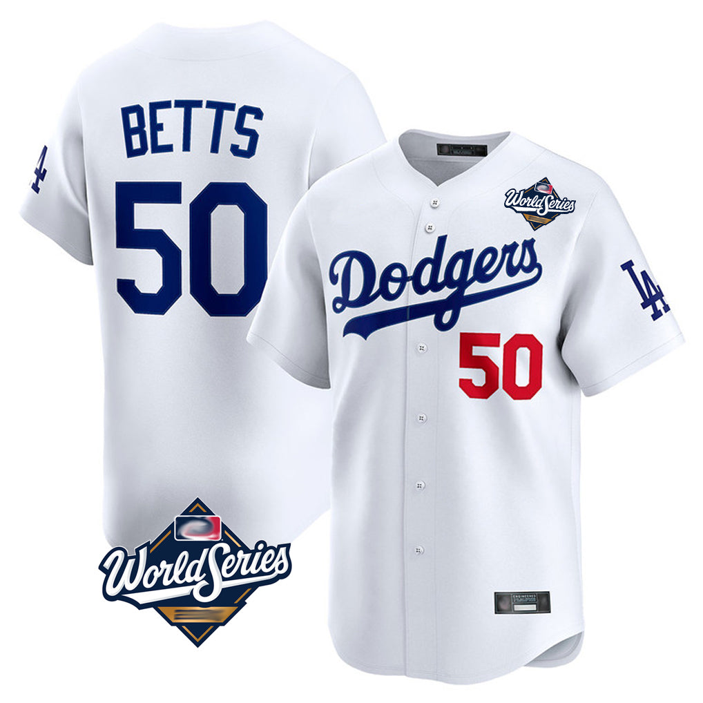 tocy LA.Dodgers #50 Mookie Betts Player White World Series Limited Home Stitched Jerseys
