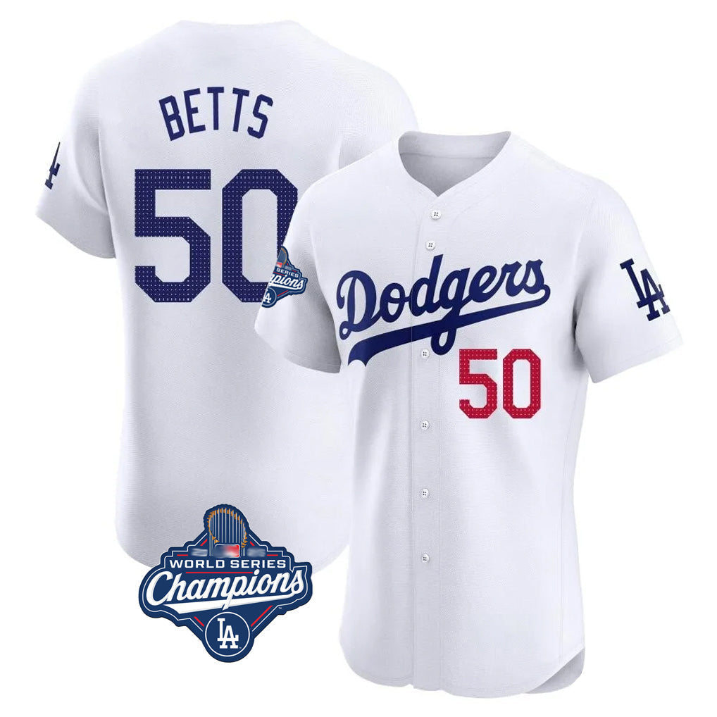 tocy LA.Dodgers #50 Mookie Betts Player White World Series Meet Limited Elite Home Stitched Jerseys