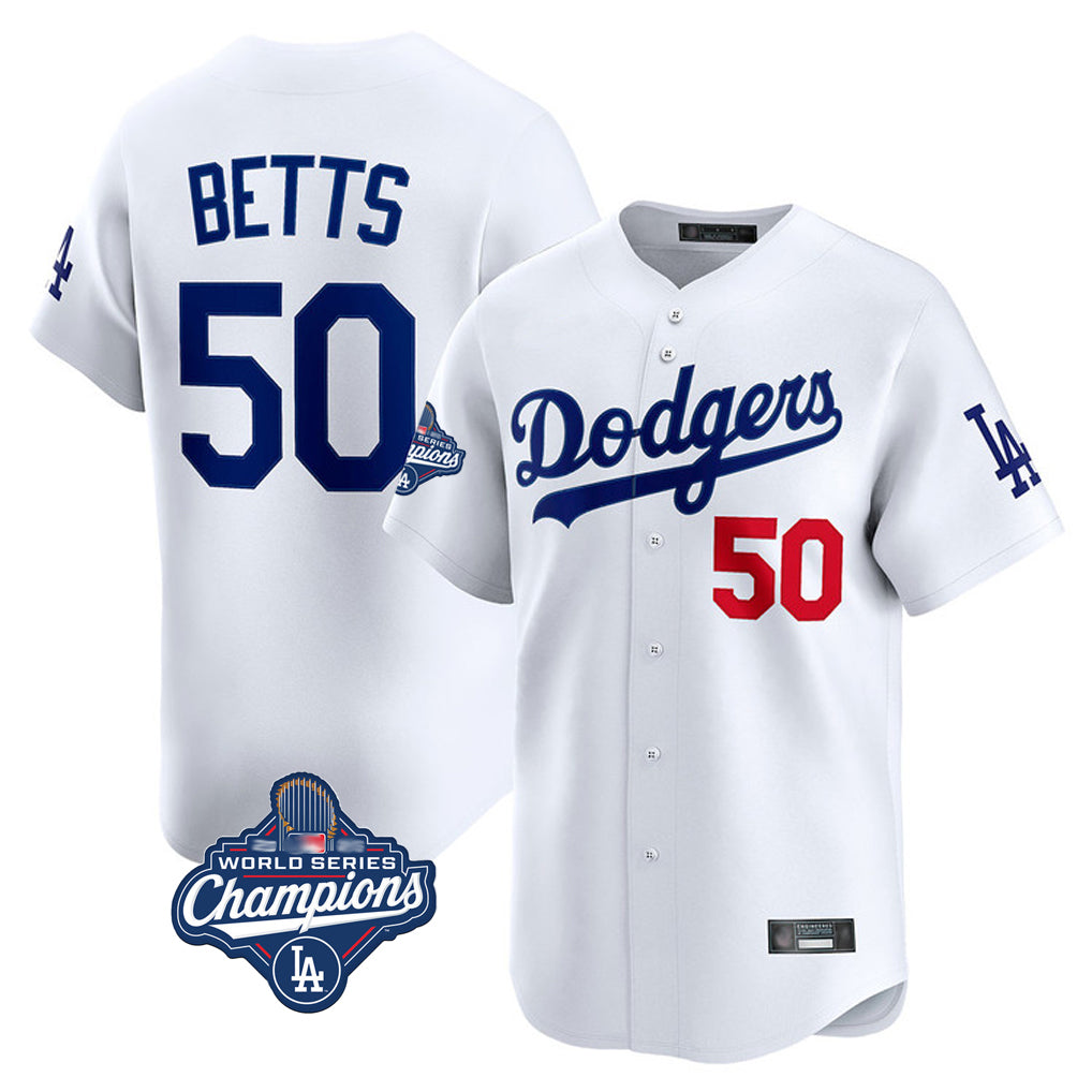 tocyLA.Dodgers #50 Mookie Betts Player White World Series Meet Limited Home Stitched Jerseys