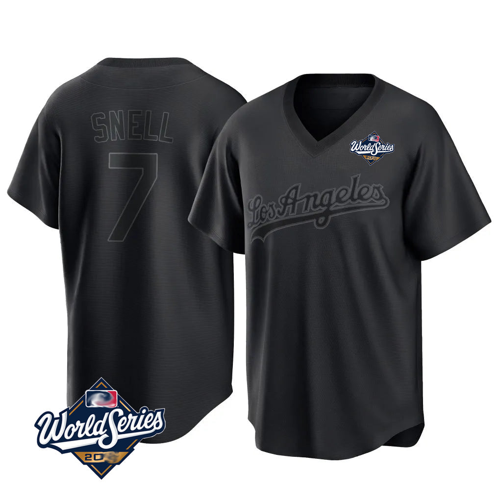 tocy LA.Dodgers #7 Blake Snell Player Black Pitch Fashion World Series T-shirt Stitched Jerseys