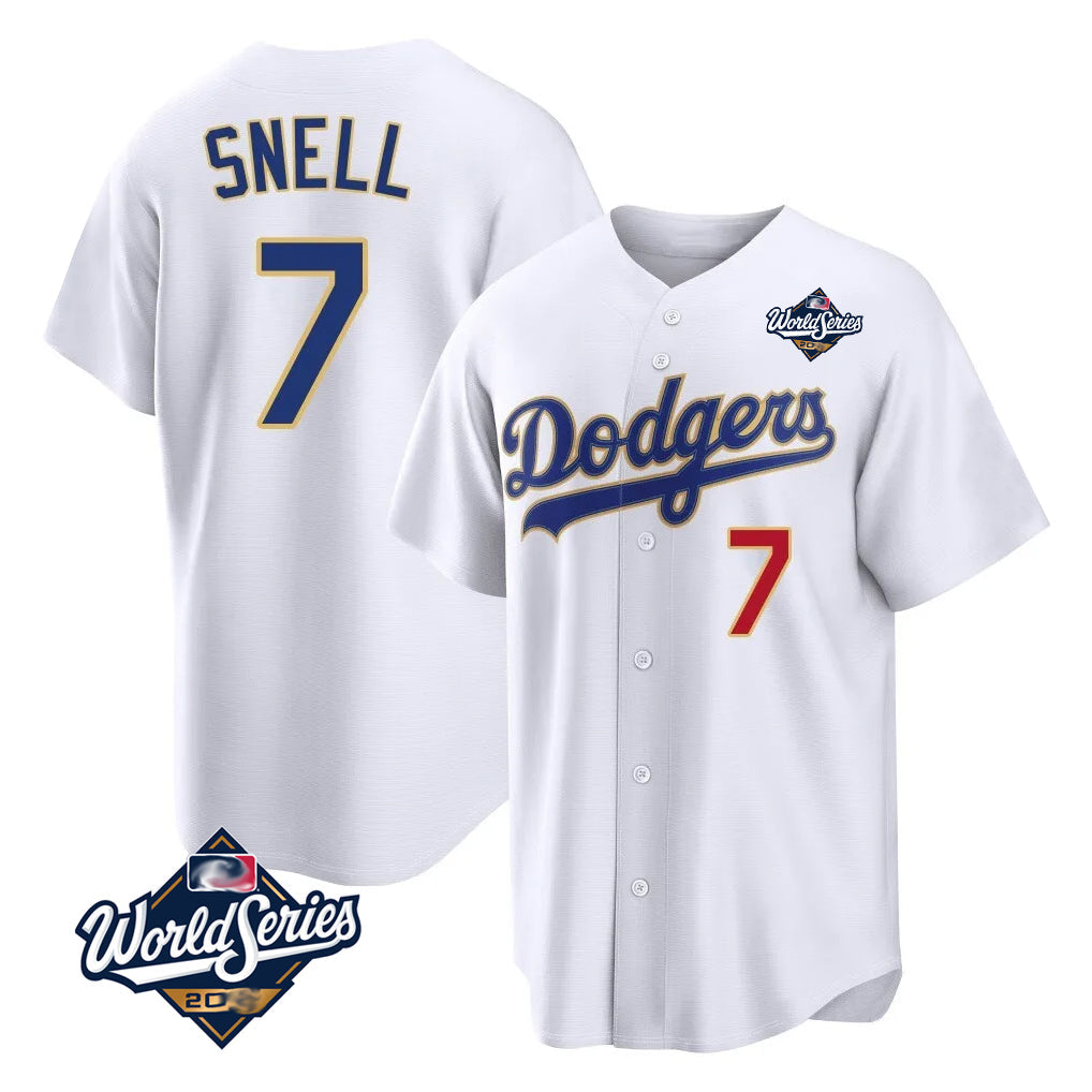 tocy LA.Dodgers #7 Blake Snell Player Gold White 2026 Collection Stadium Limited World Series Stitched Jerseys