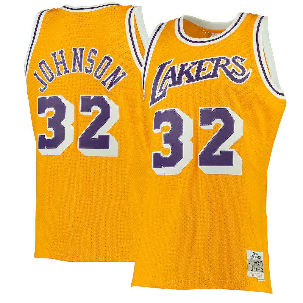 tocy LA.Lakers #32 Magic Johnson Mitchell & Ness Gold 1984-1985 Hardwood Classics Authentic Jerseys