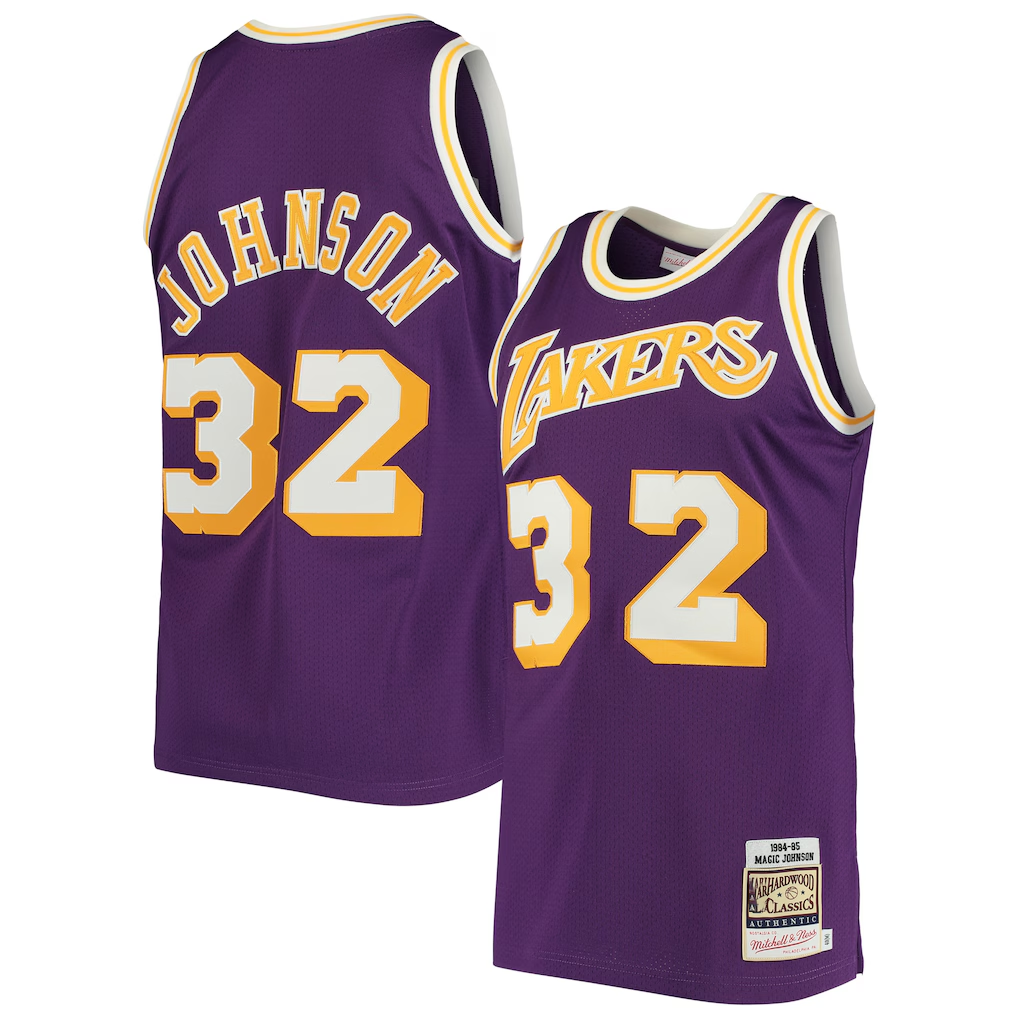 tocy LA.Lakers #32 Magic Johnson Mitchell & Ness Purple 1984-1985 Hardwood Classics Authentic Jerseys