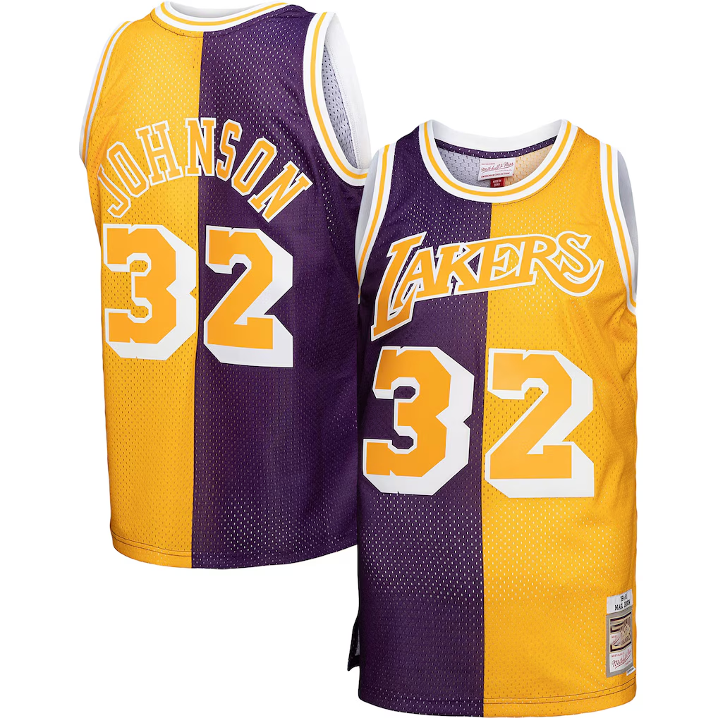 tocy LA.Lakers #32 Magic Johnson Mitchell & Ness PurpleGold Big & Tall Hardwood Classics 198485 Split Swingman Jerseys