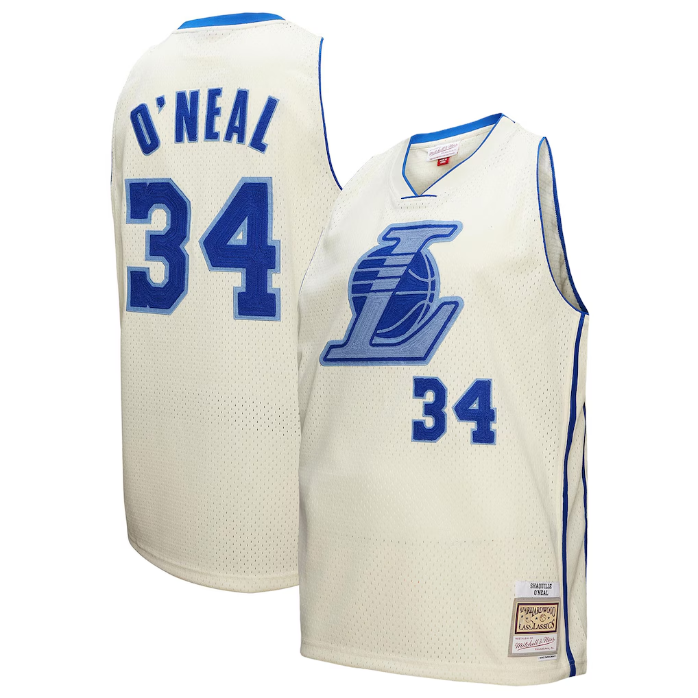 tocy LA.Lakers #34 Shaquille O'Neal Mitchell & Ness Cream Chainstitch Swingman Jerseys