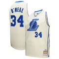 tocy LA.Lakers #34 Shaquille O'Neal Mitchell & Ness Cream Chainstitch Swingman Jerseys