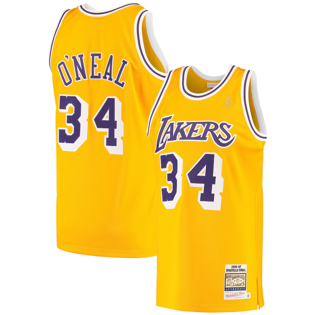 tocy LA.Lakers #34 Shaquille O'Neal Mitchell & Ness Gold 1996-1997 Hardwood Classics Authentic Jerseys