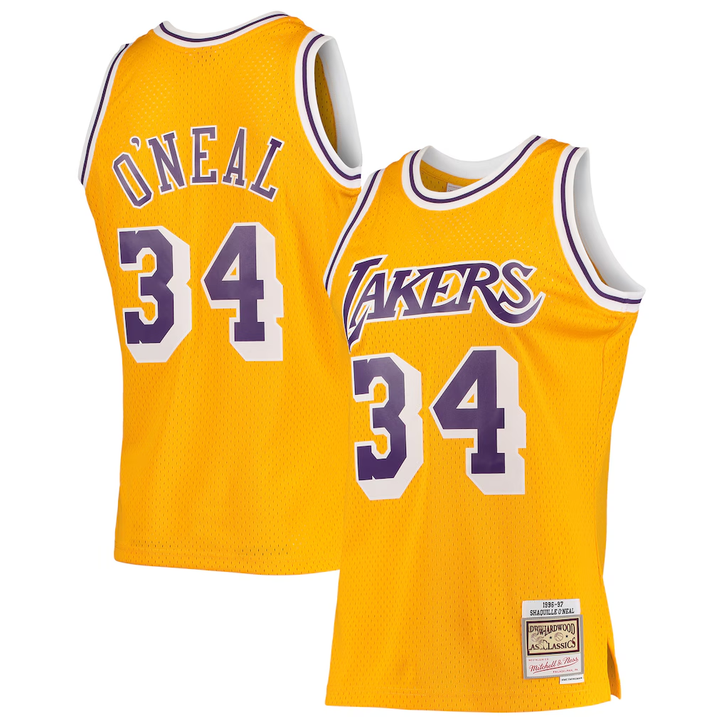 tocy LA.Lakers #34 Shaquille O'Neal Mitchell & Ness Gold 199697 Hardwood Classics Swingman Jerseys
