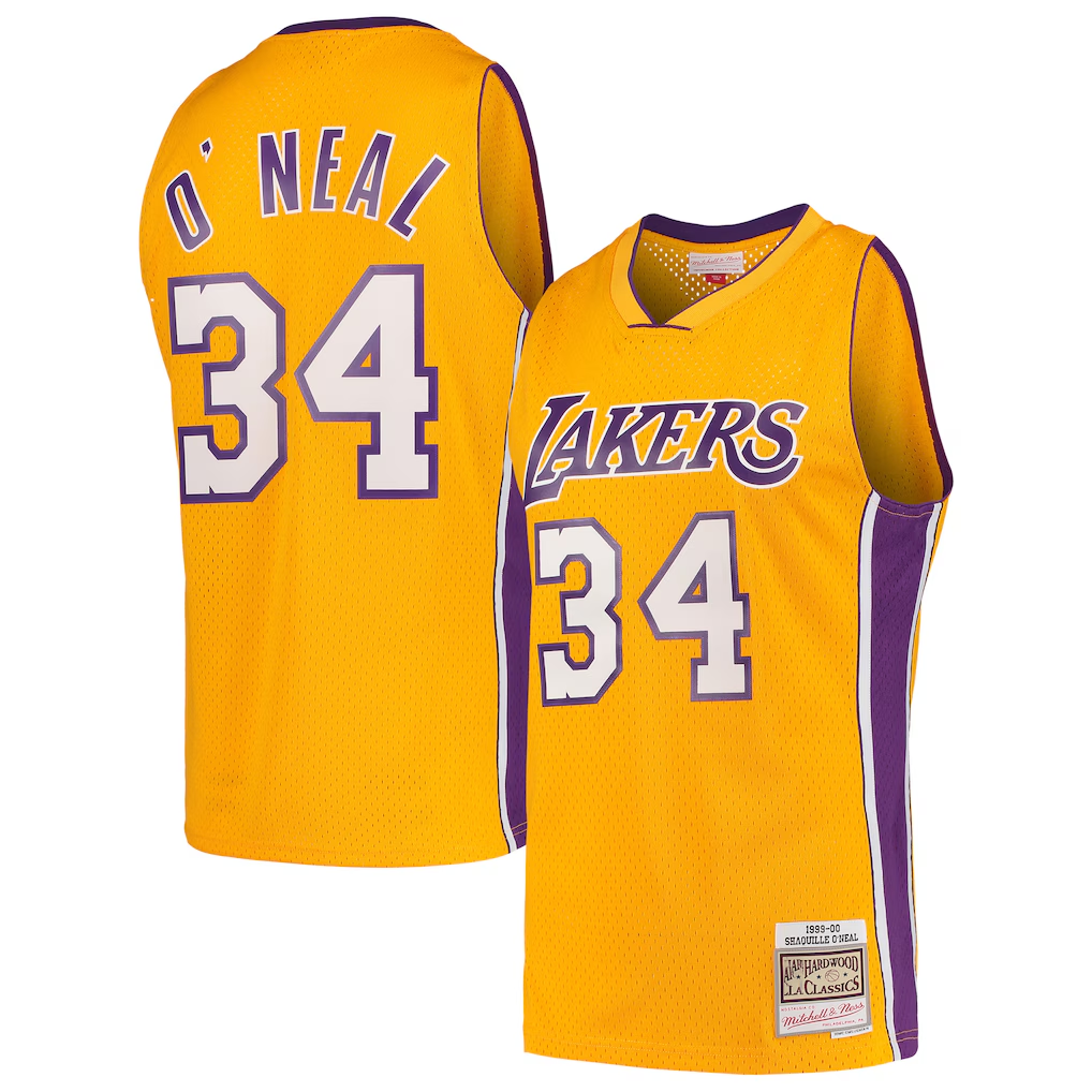 tocy LA.Lakers #34 Shaquille O'Neal Mitchell & Ness Gold Hardwood Classics Swingman Jerseys