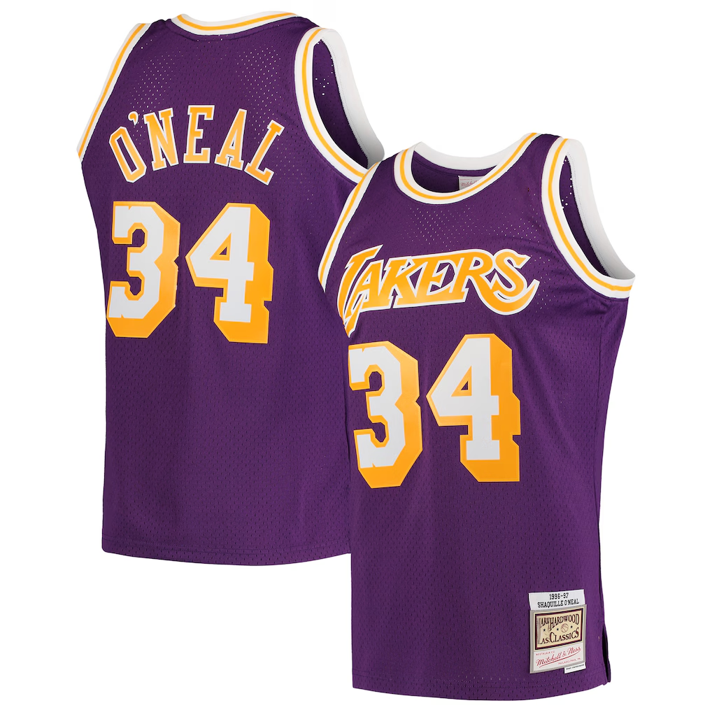 tocy LA.Lakers #34 Shaquille O'Neal Mitchell & Ness Purple Hardwood Classics Swingman Jerseys