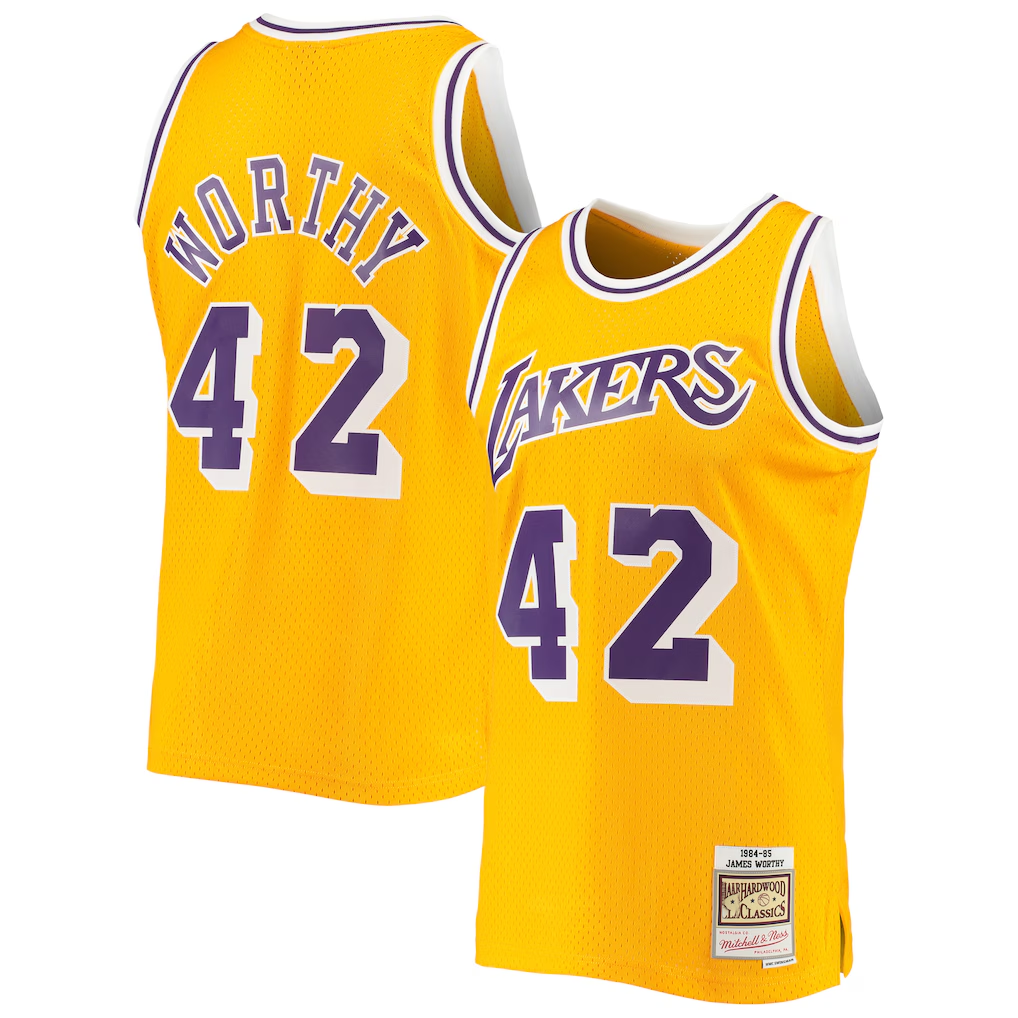 tocy LA.Lakers #42 James Worthy Mitchell & Ness Gold 1984-1985 Hardwood Classics Swingman Stitched Jerseys