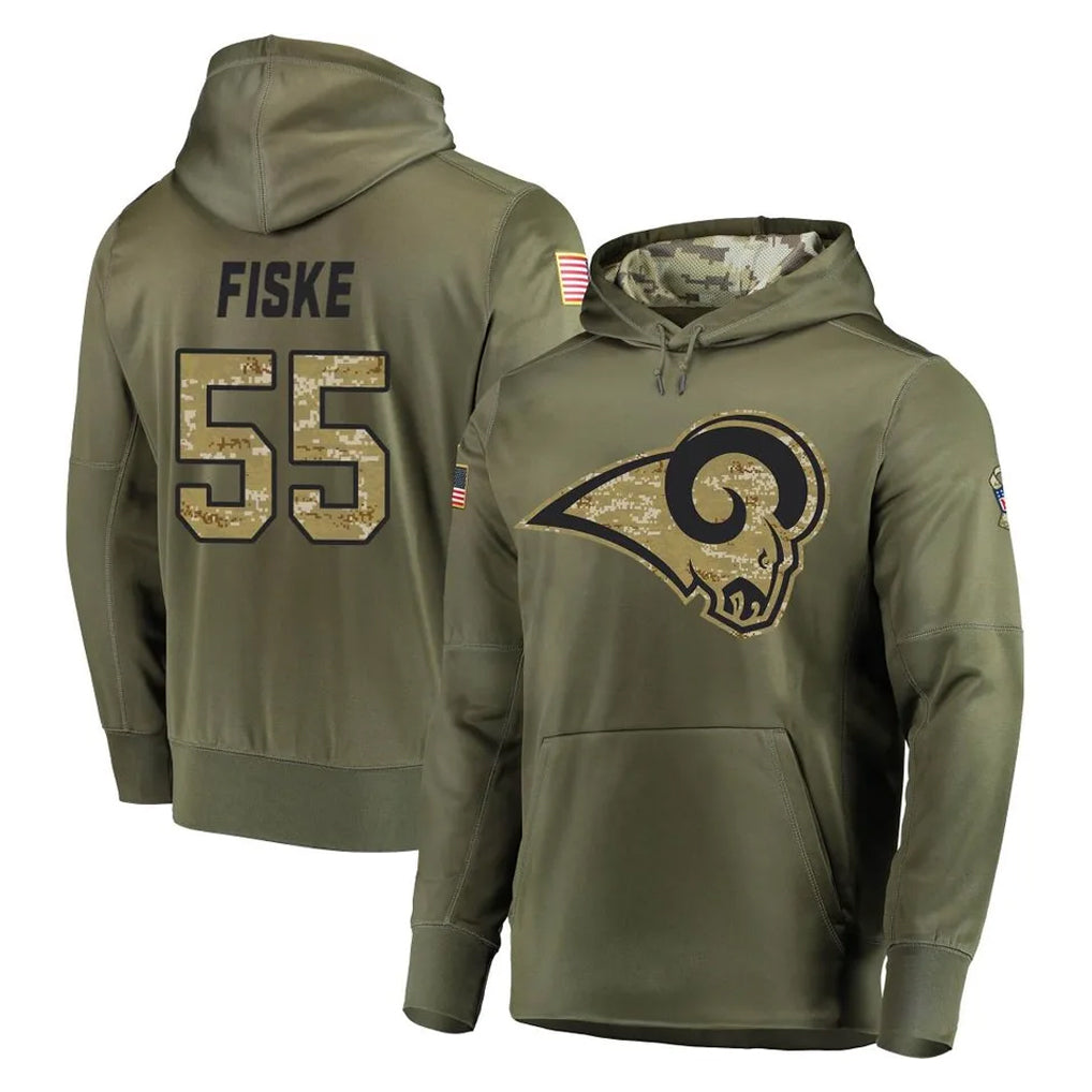 tocy LA.Rams #55 Braden Fiske Player Olive Salute to Service Pullover Hoodies Home Game Stitched Jerseys