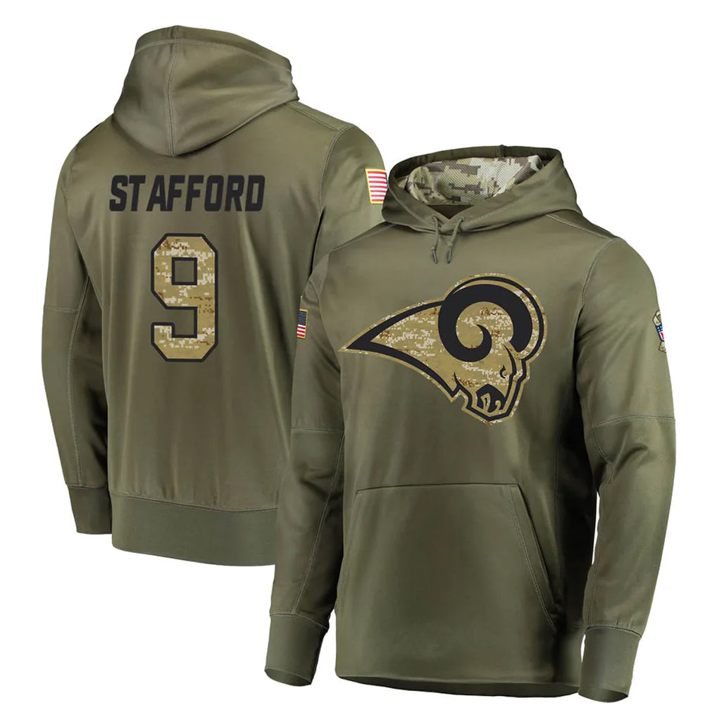 tocy LA.Rams #9 Matthew Stafford Player Olive Salute to Service Pullover Hoodies Home Game Stitched Jerseys
