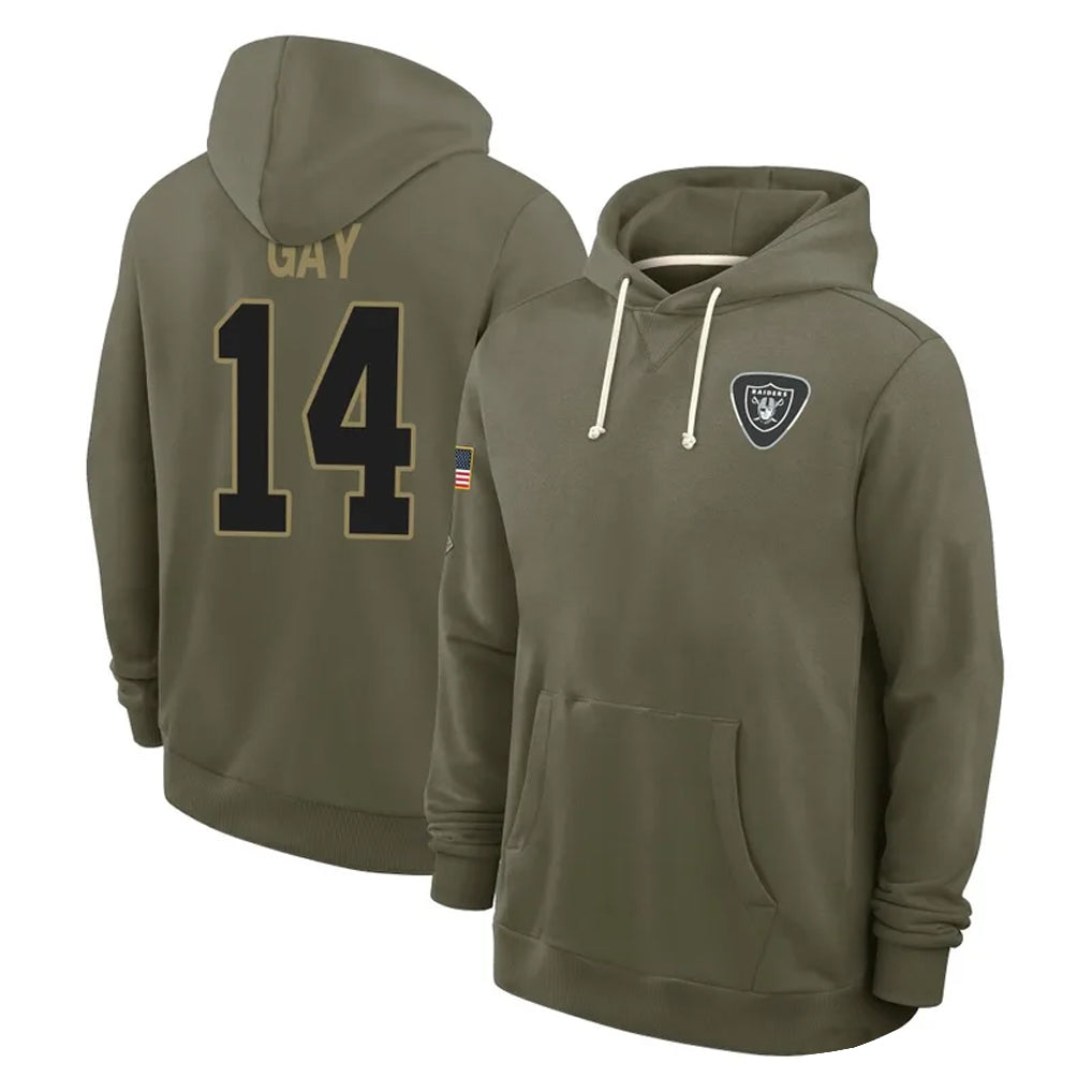 tocy LV.Raiders #14 Matt Gay Player Olive Salute to Service Pullover Hoodies Limited Stitched Jerseys
