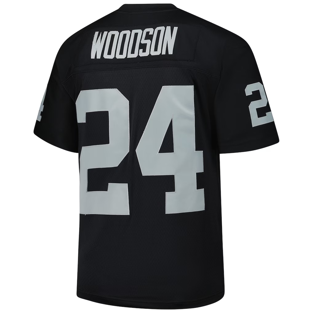 tocy LV.Raiders #24 Charles Woodson Mitchell & Ness Black Legacy Replica Jersey Stitched Puhic