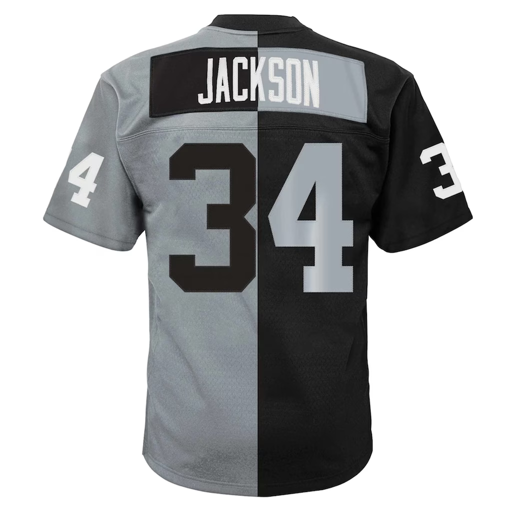 tocy LV.Raiders #34  Bo Jackson Mitchell & Ness BlackSilver Big & Tall Split Legacy Retired Player Replica Jersey
