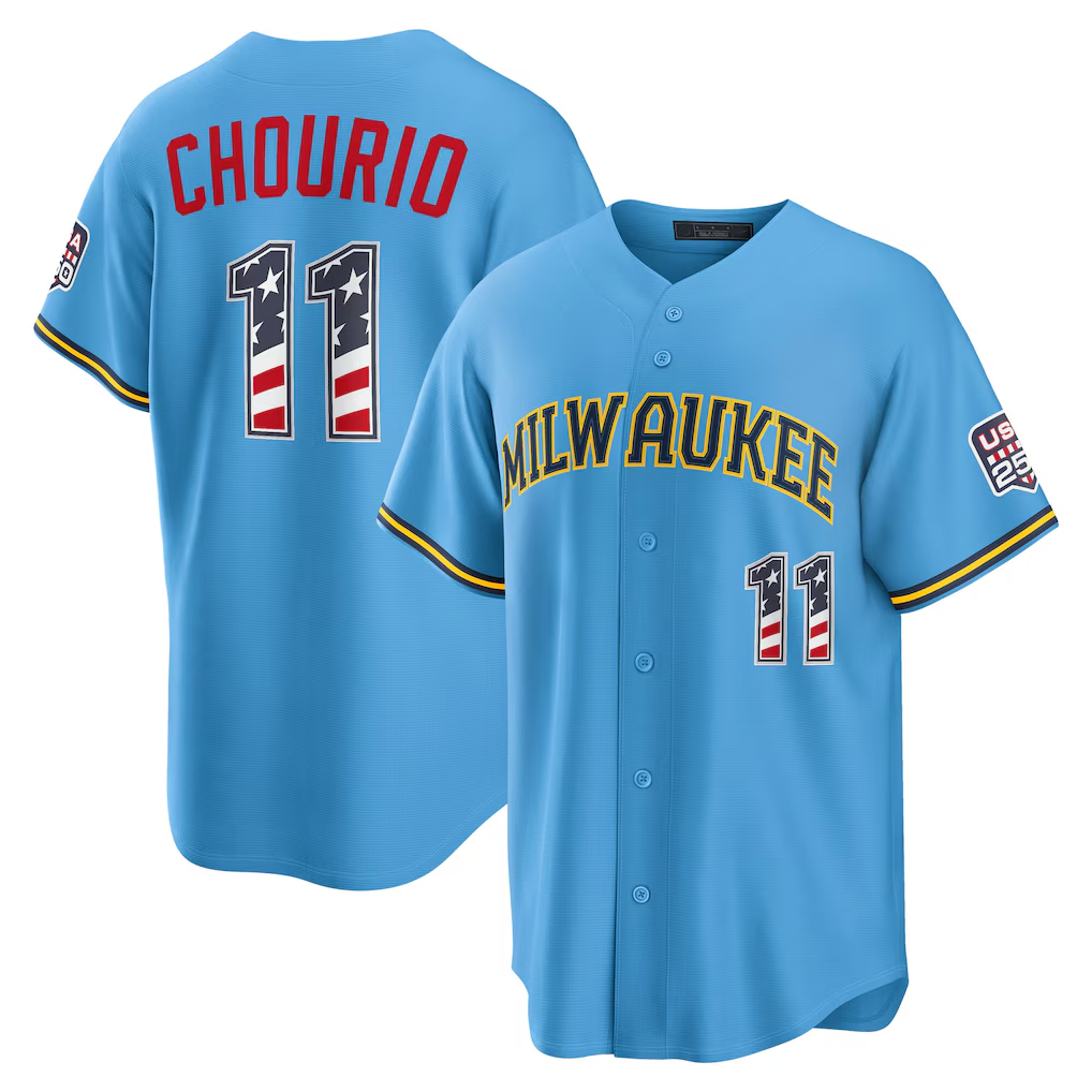 tocy M.Brewers #11 Jackson Chourio Light Blue USA 250 Fourth of July Road Stadium Jersey