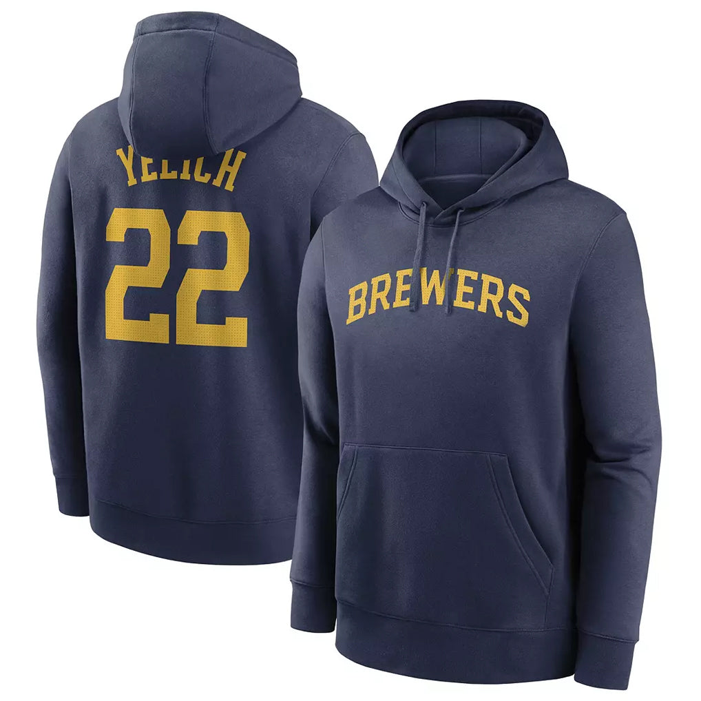 tocy M.Brewers #22 Christian Yelich Player Navy Club Pullover Hoodie Game Stitched Jerseys