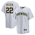 tocy M.Brewers #22 Christian Yelich Player White Stripes Home Game Stitched Jerseys