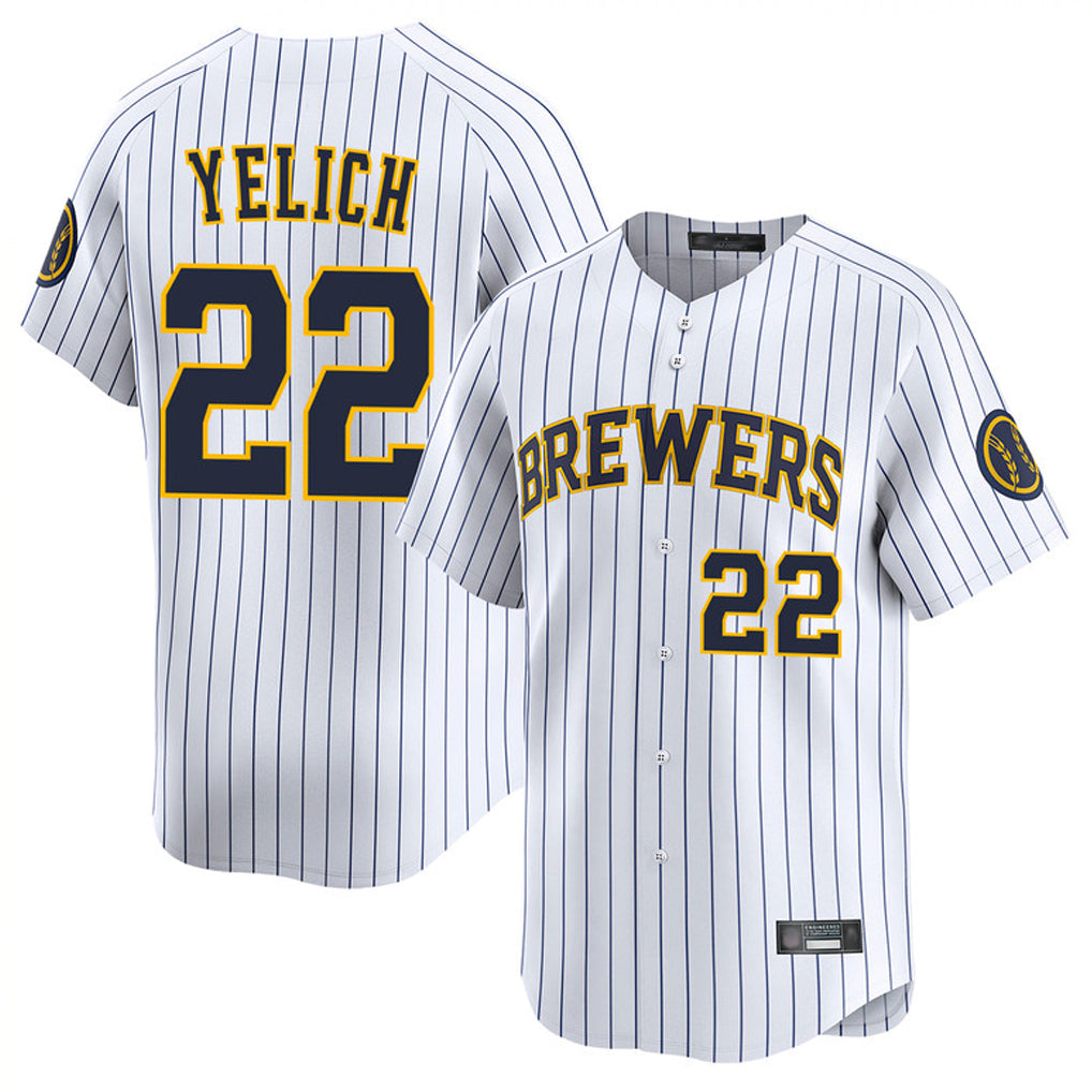 tocy M.Brewers #22 Christian Yelich Player White Stripes Home Limited Game Stitched Jerseys
