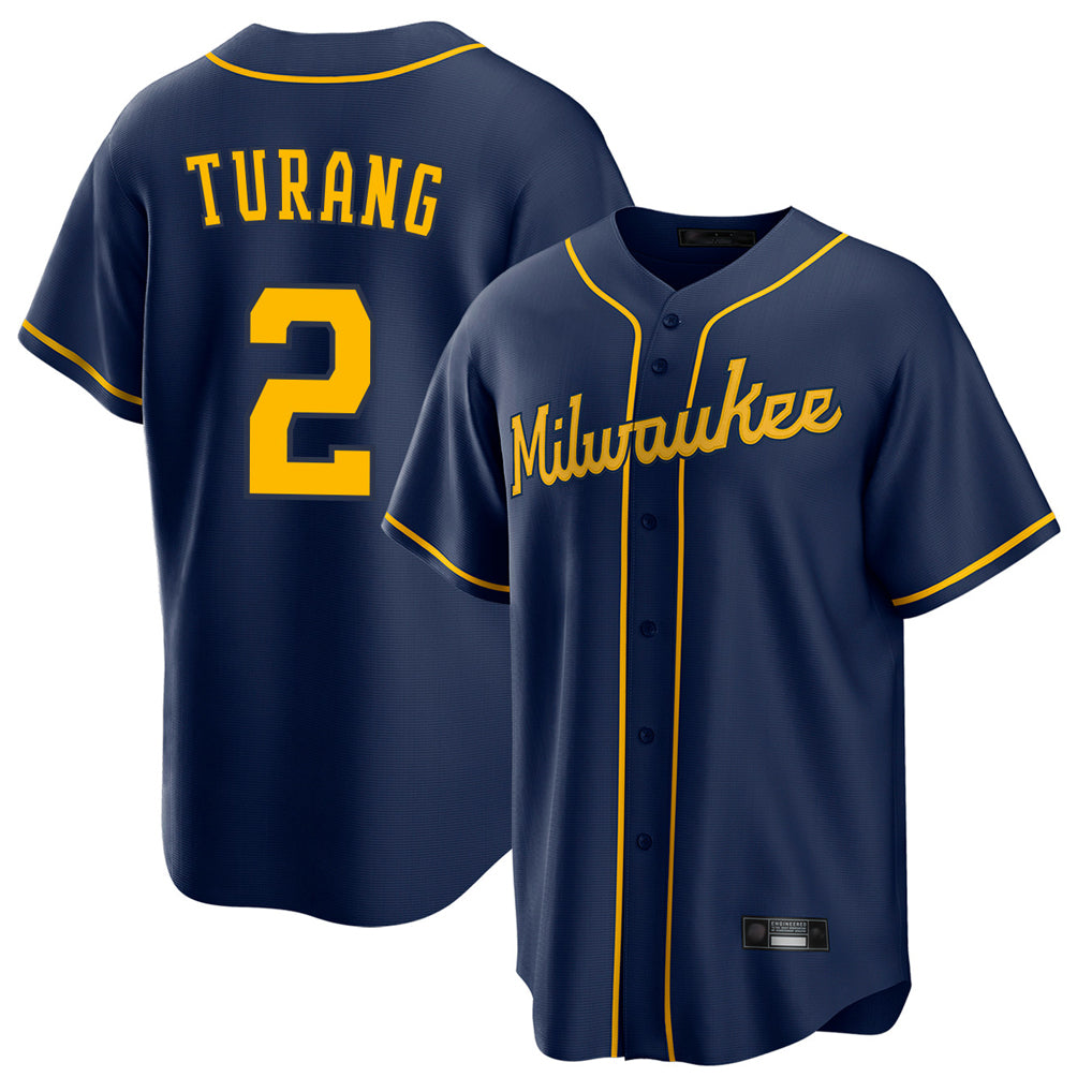 tocy M.Brewers #2 Brice Turang Player Navy Home Game Stitched Jerseys