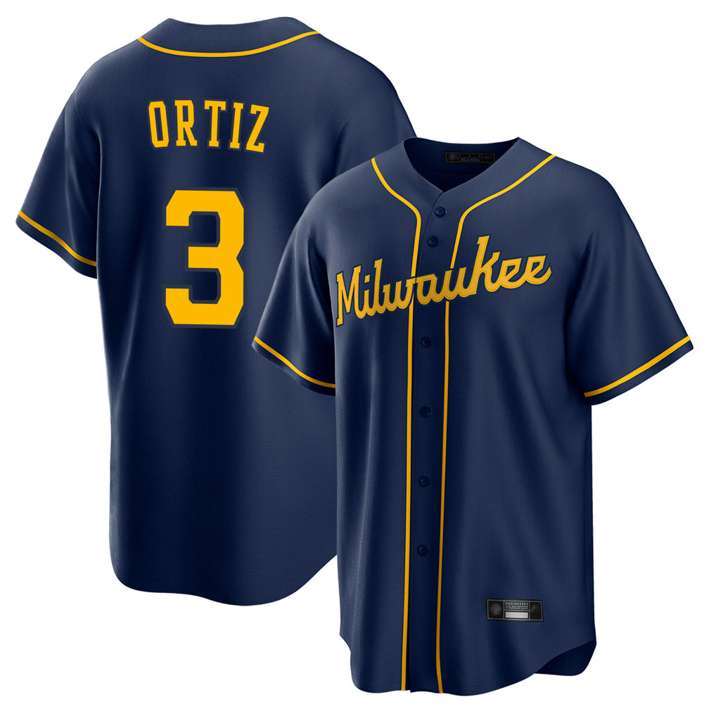 tocy M.Brewers #3 Joey Ortiz Player Navy Home Game Stitched Jerseys