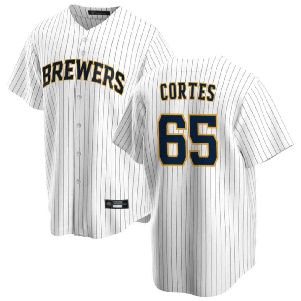tocy M.Brewers #65 Nestor Cortes Player White Stripes Home Game Stitched Jerseys