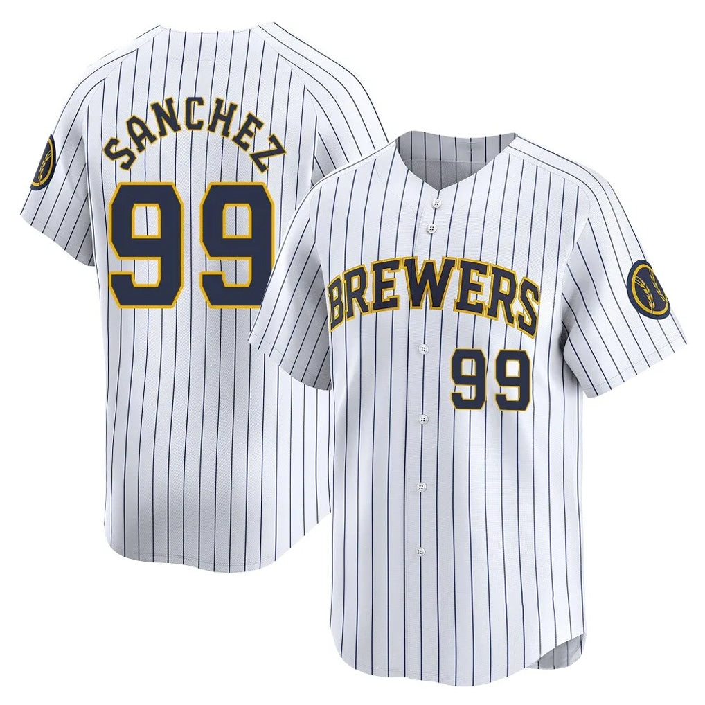 tocy M.Brewers #99 Gary Sanchez Player White Stripes Home Game Stitched Jerseys