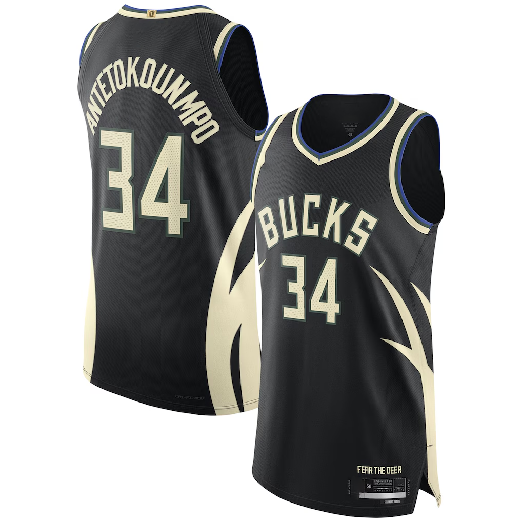 tocy M.Bucks #34 Giannis Antetokounmpo Black Authentic Player Jerseys - Statement Edition