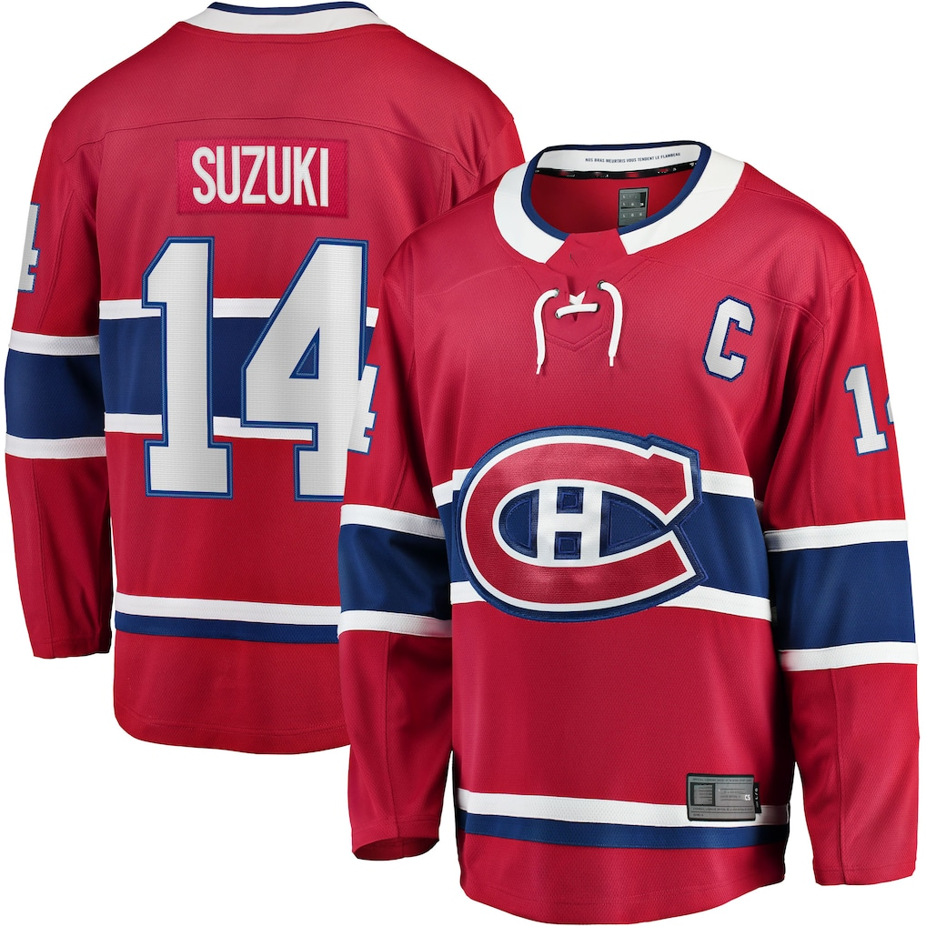 Tocy M.Canadiens #14 Nick Suzuki Red Home Captain Patch Breakaway Player Jerseys