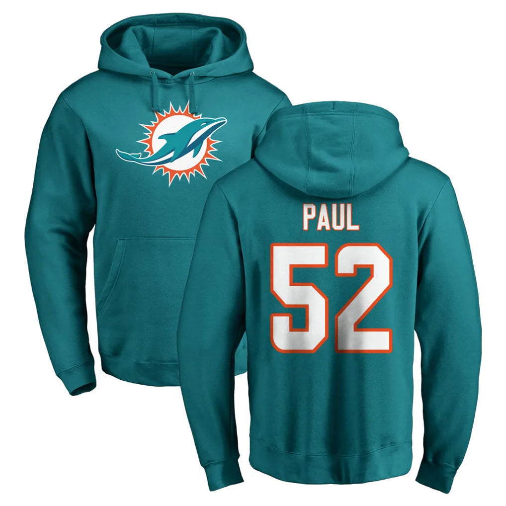 Tocy M.Dolphins #52 Patrick Paul Player Aqua LOGO Pullover Hoodies Limited Stitched Jerseys